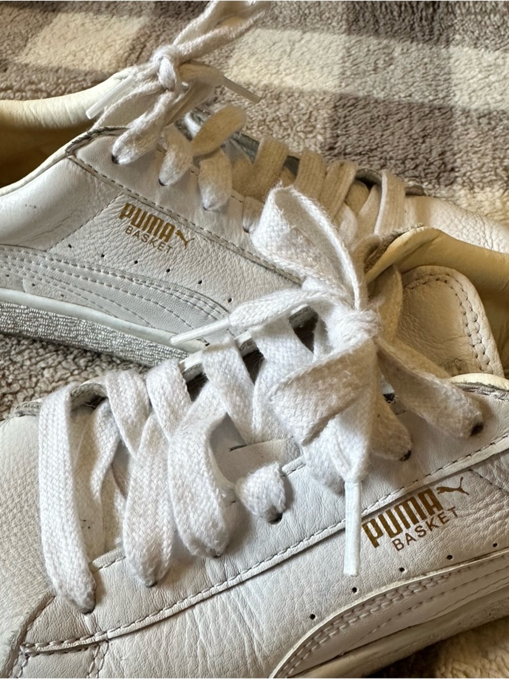 Puma White Leather Basket Sneakers with Gold Logo